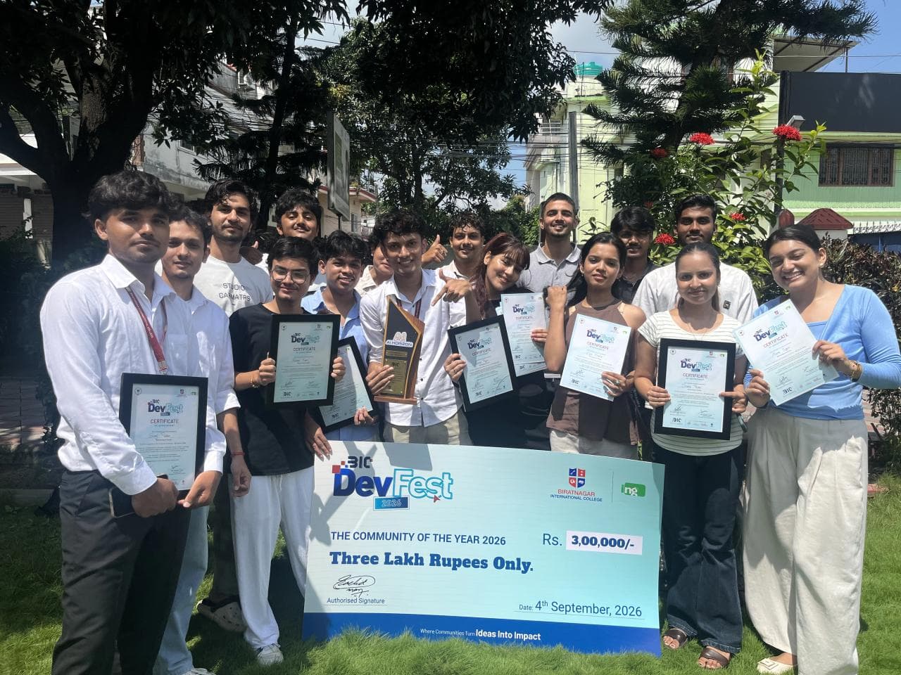 AI Horizon team members posing outdoors with their certificates and the trophy